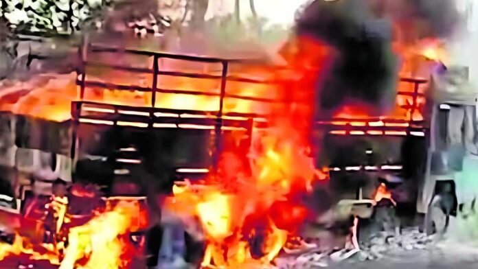 Burning lorry on the side of the road near Anjaneyaswamy temple in Chintamani